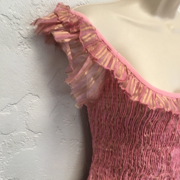 LoveShackFancy Gilded Violet Pink/Gold Gilded Ruffle- Shirred Mini Dress- sz M - Picture 7 of 13